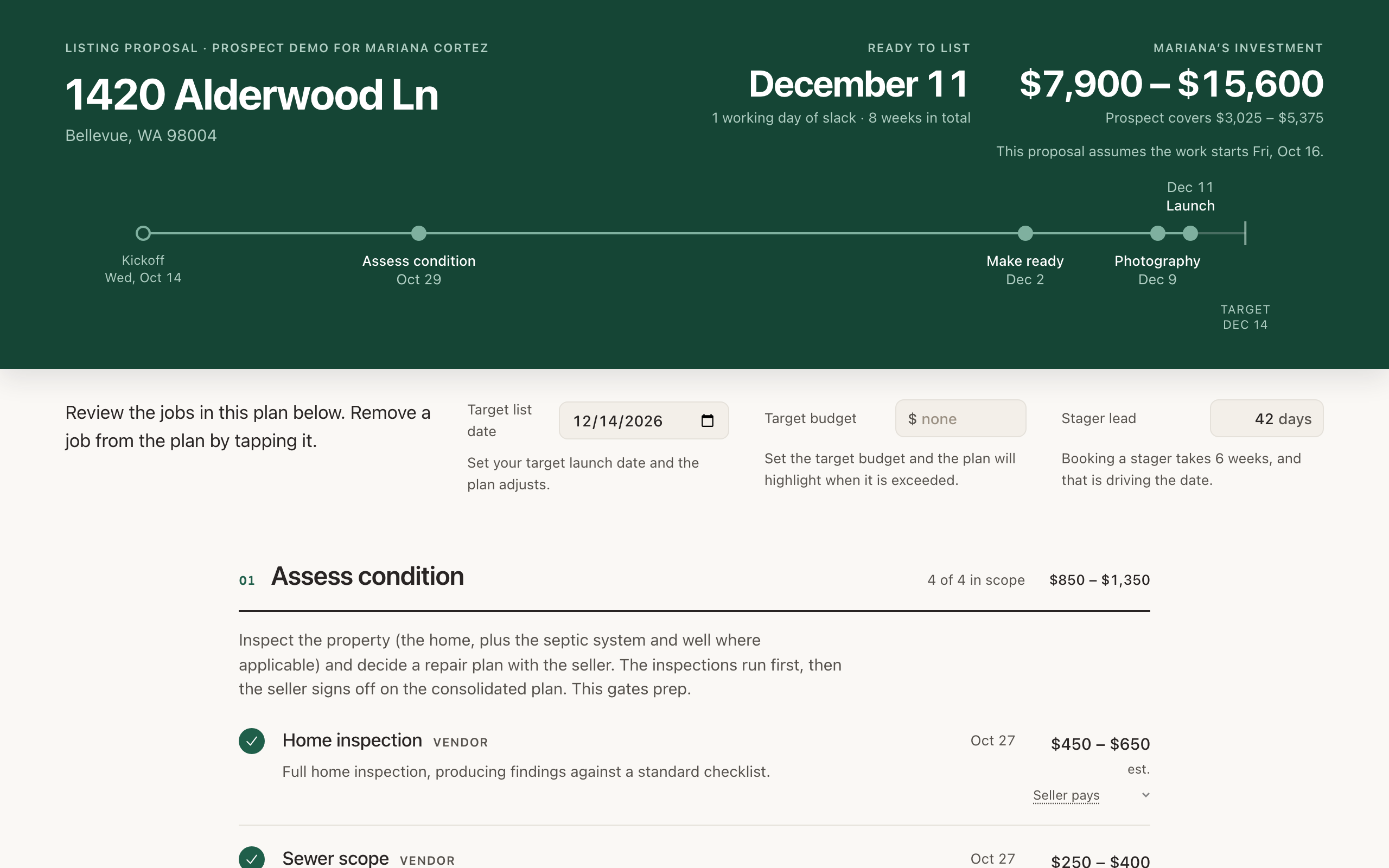 The listing proposal for 1420 Alderwood Ln, with the recommended work, estimated costs and target dates laid out from walkthrough to launch